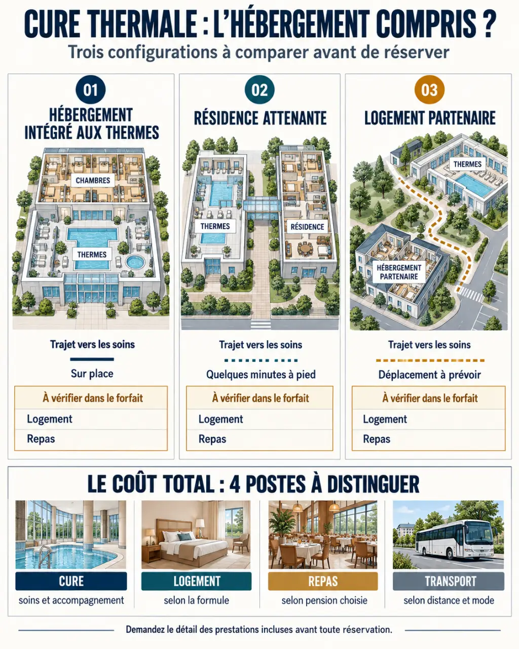 Infographie sur une cure thermale avec hebergement compris et les différences entre logement intégré, résidence attenante et hébergement partenaire