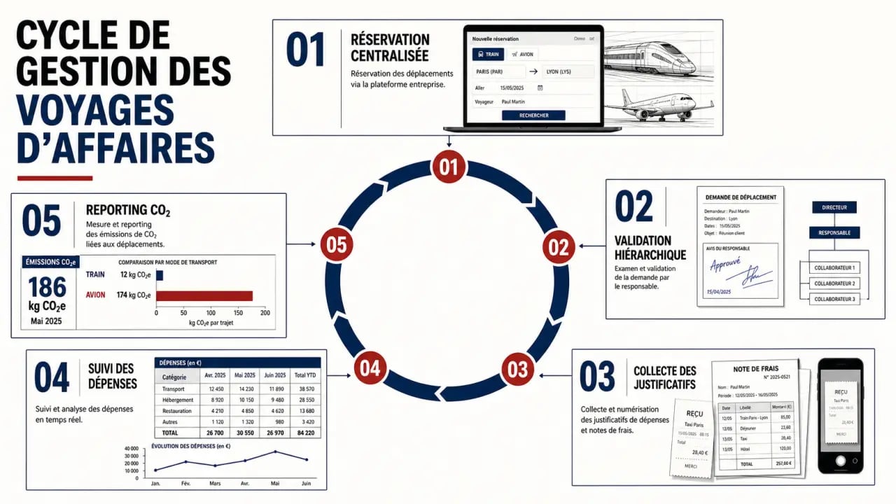 Gestion de voyages d'affaires : workflow centralisé de réservation, approbation et reporting CO2