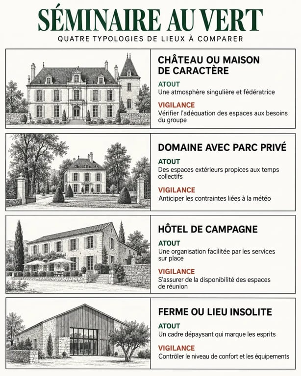 Infographie éditoriale des types de lieux pour organiser un séminaire au vert