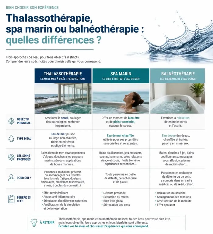 Différences entre thalassothérapie, spa marin et balnéothérapie pour choisir son hôtel spa bord de mer