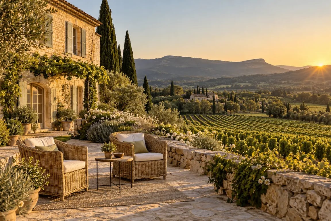 Hôtel romantique dans le Luberon au milieu des vignes au coucher du soleil