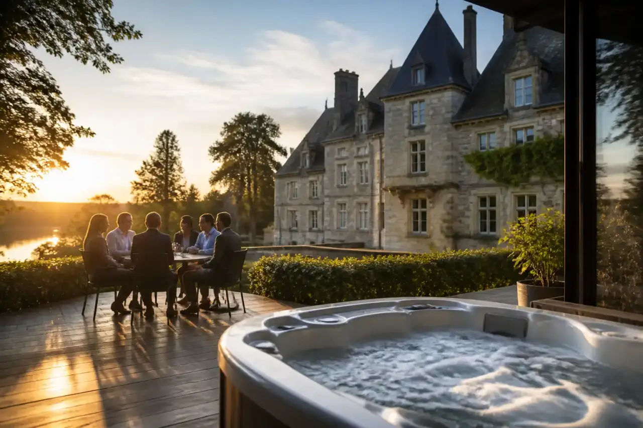 Vue panoramique d'un domaine en pierre de taille restauré, entouré de lavande et d'oliviers au soleil couchant