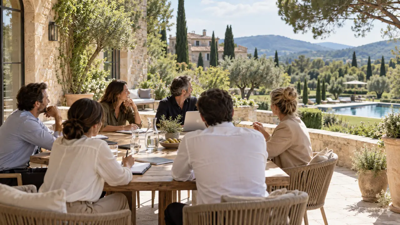 Équipe réunie dans un domaine au calme pour un séminaire slow business