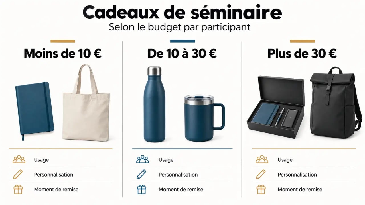 Infographie des cadeaux séminaire classés par budget, usage et personnalisation