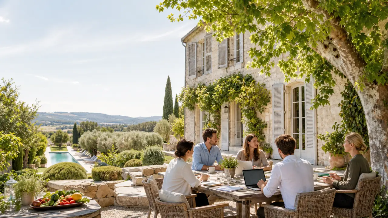 Vue panoramique d'un domaine en pierre restauré entouré de nature, lumière dorée et atmosphère apaisante