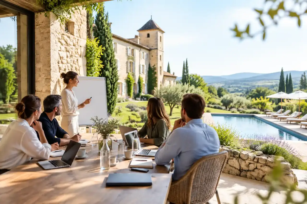 Terrasse épurée du Domaine Saint-Victor propice au slow business