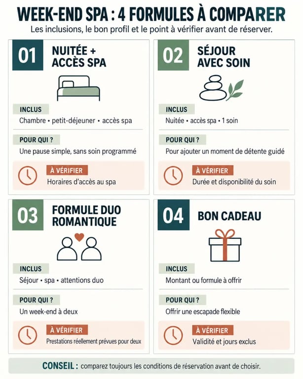 Infographie des formules de weekend spa et des inclusions à vérifier