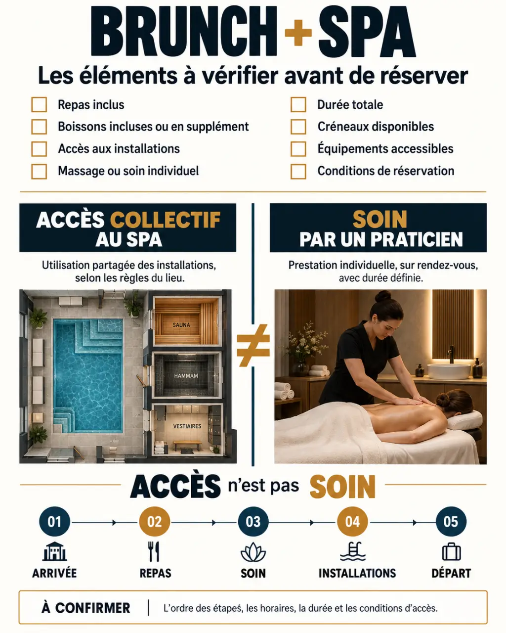 Infographie des prestations à vérifier avant de réserver un brunch spa