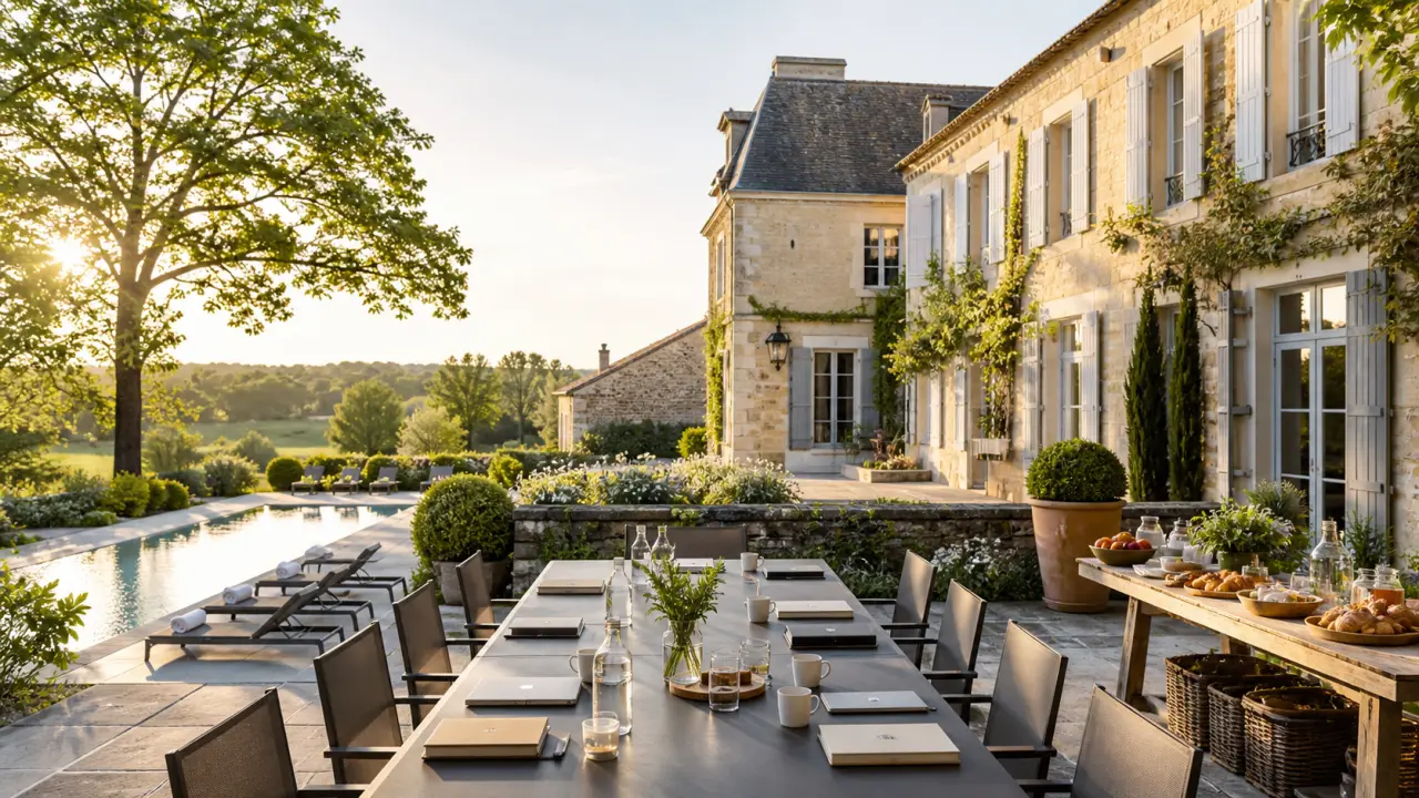 Vue panoramique du Domaine Saint-Victor, entre pierre restaurée, lignes contemporaines et nature apaisante