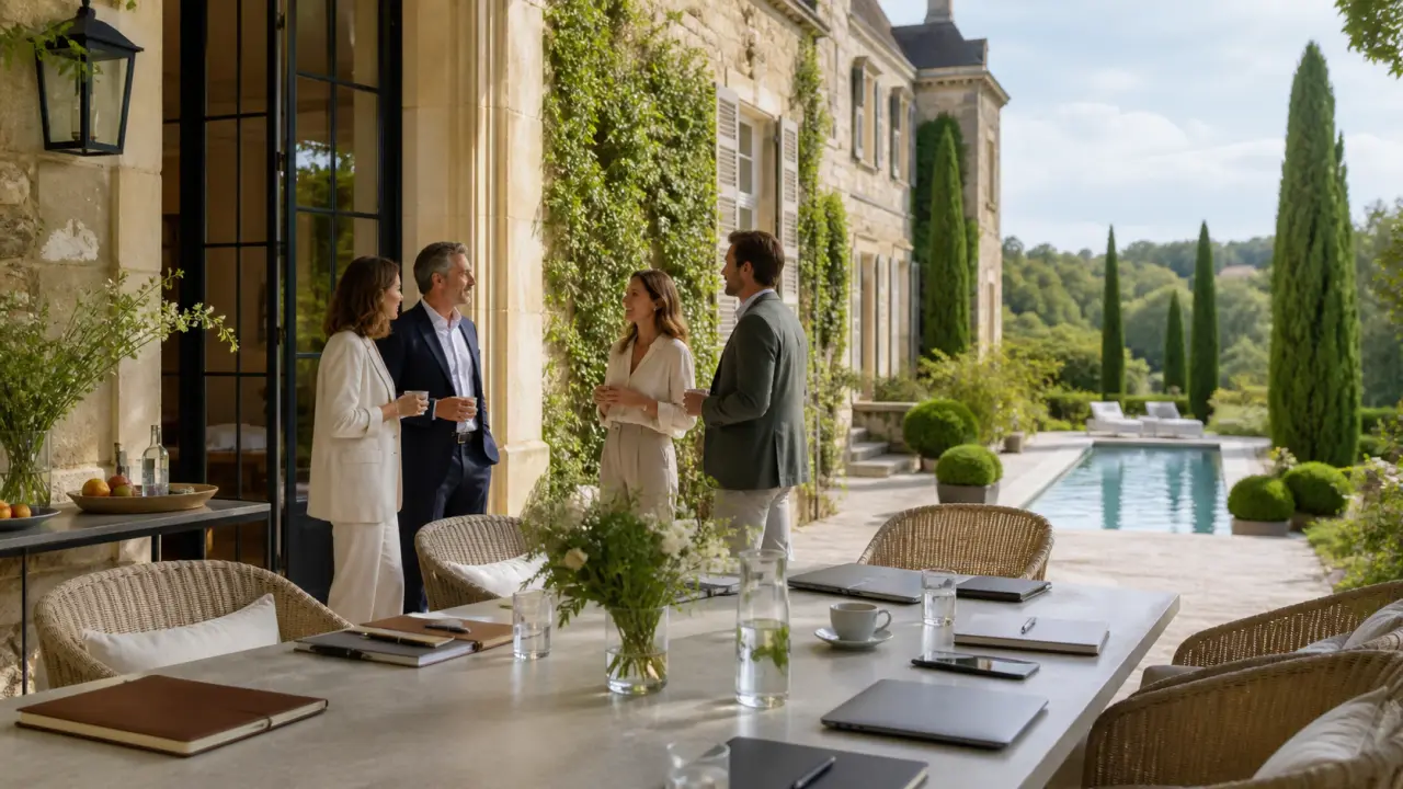 Vue panoramique minimaliste d’un domaine en pierre restauré au milieu de la nature