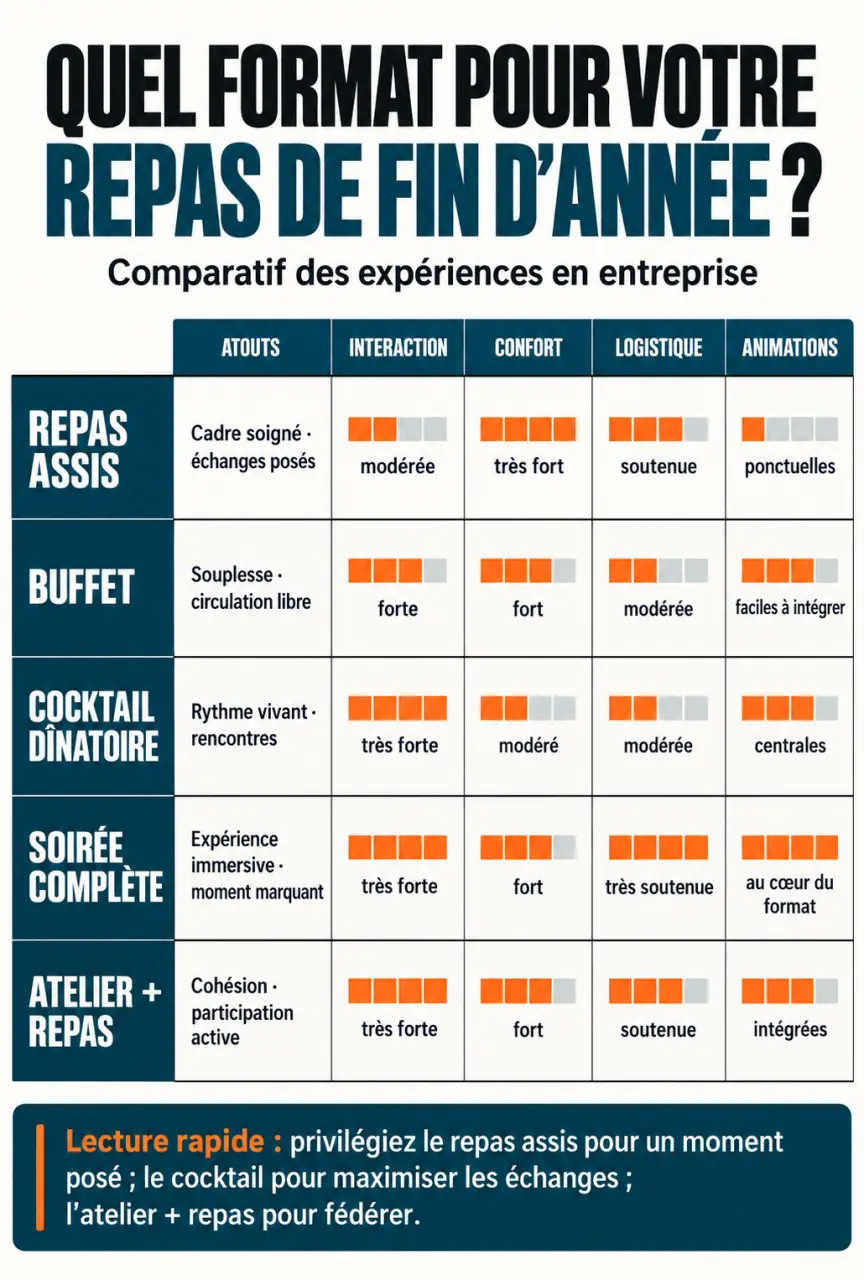 Infographie comparative des formats de repas de fin d'année en entreprise