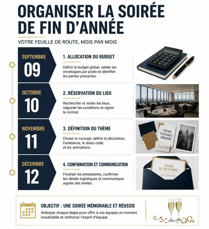 Infographie des étapes clés pour organiser une soirée de fin d'année en entreprise