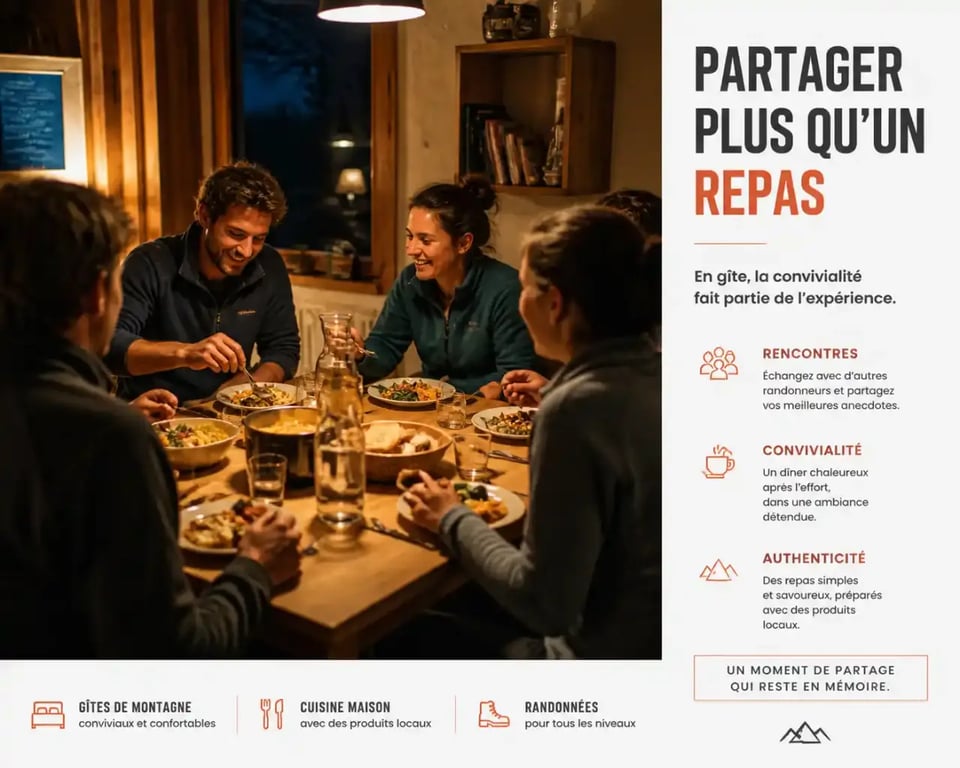 Dîner partagé après une randonnée pour personnes seules en gîte de montagne