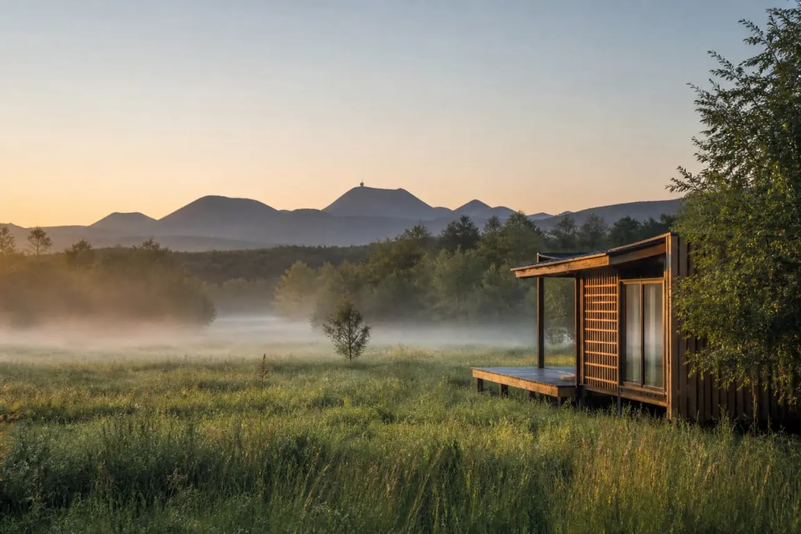 hébergement nature auvergne face à la Chaîne des Puys au lever du jour