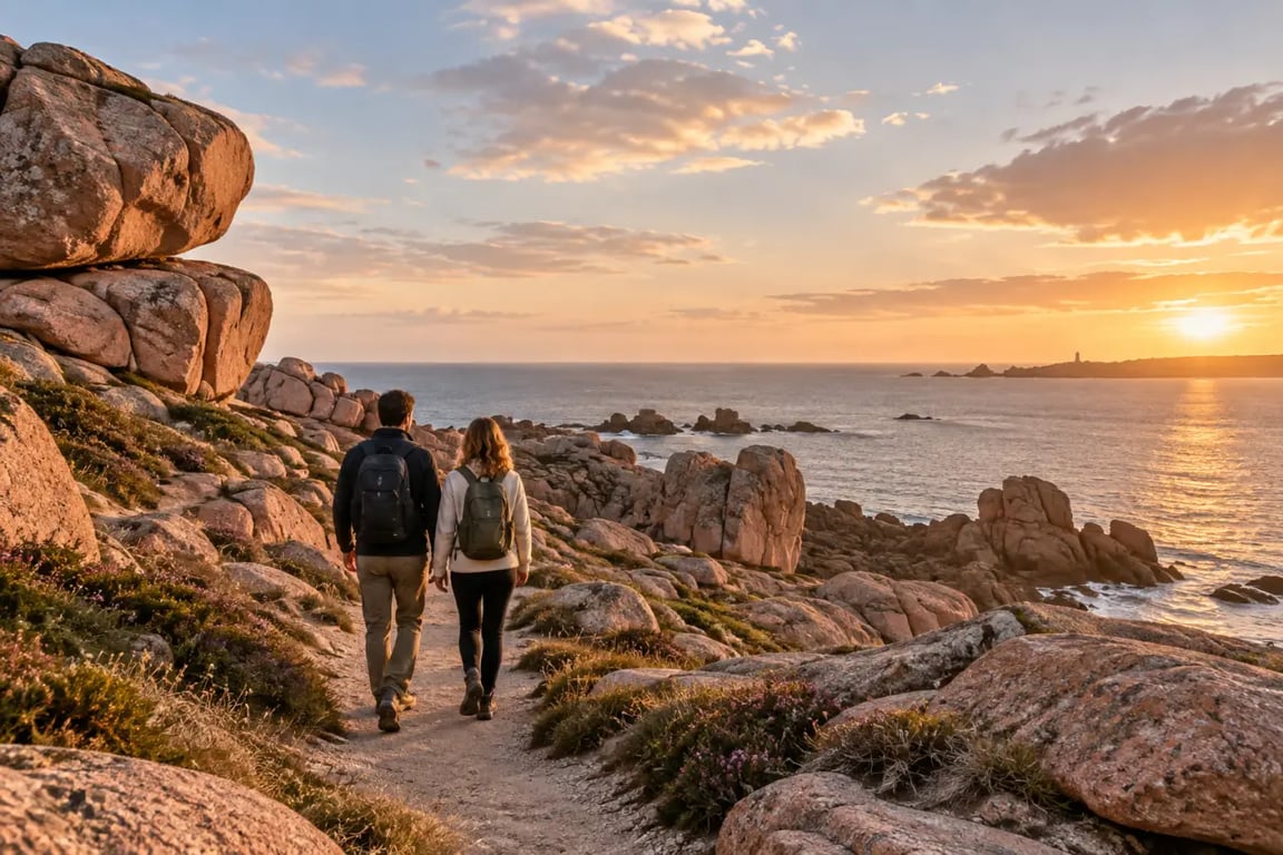 Week-end amoureux en Bretagne sur la Côte de Granit Rose au coucher du soleil